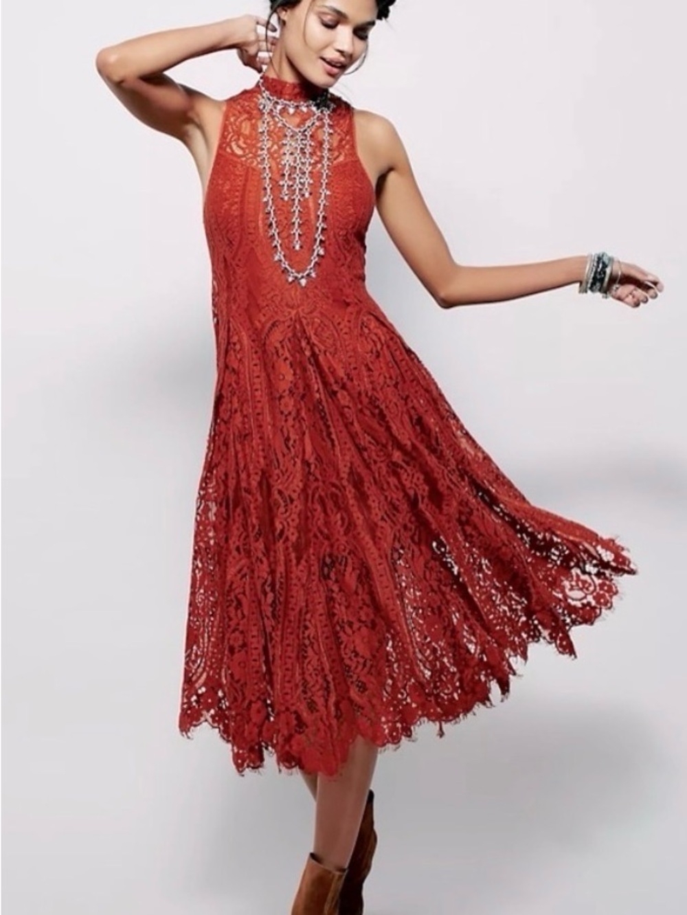 Free People Angel Rays Burnt Orange Lace Midi Dress - Size XS EUC